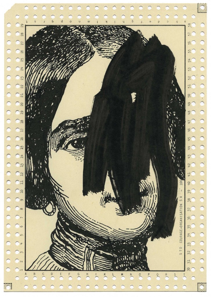 Benjamin Monti, Sans titre, 2015, encre de chine sur carte perforée de la « Courage-Organisation SA « 21 x 14,7 cm
